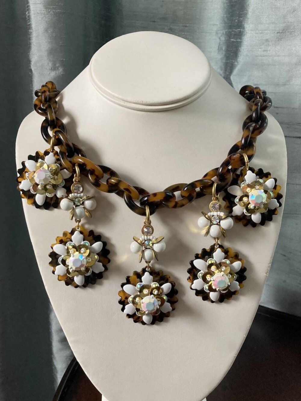 J. Crew Statement Necklace, Faux Tortoiseshell Lucite Chain, Flowers, AB, GLOWS!